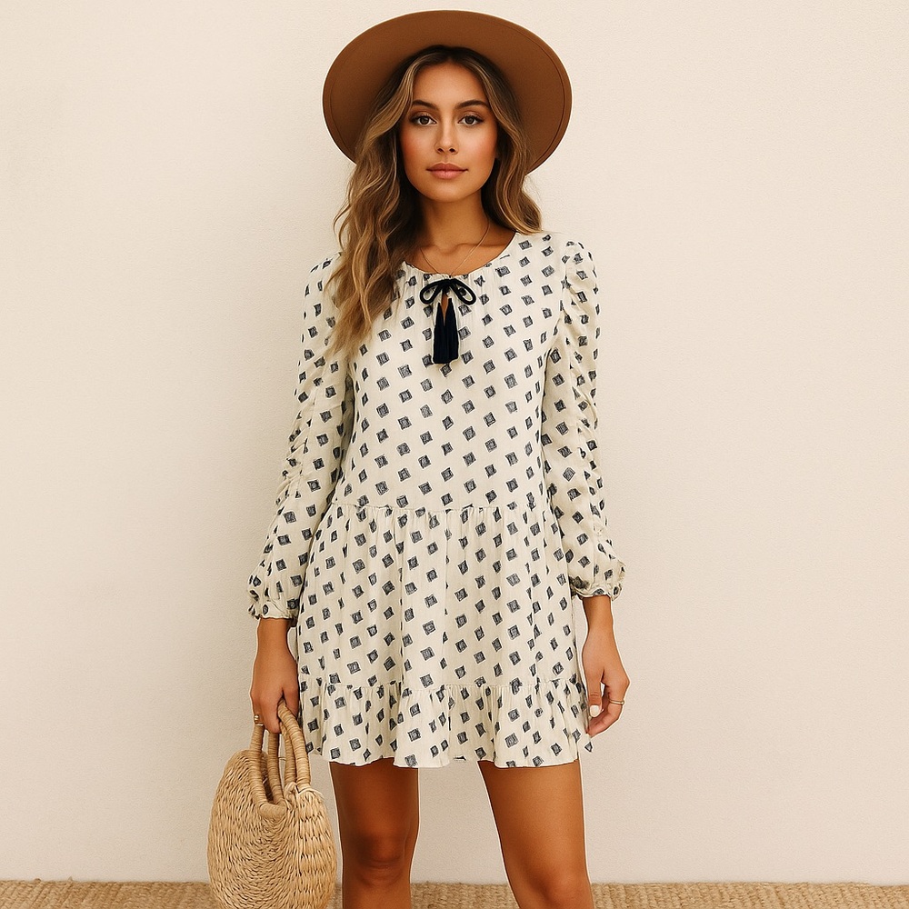 🤖 258. MISA Los Angeles Boho Ruffle Mini Dress Cream Navy Tassel Tie Long Sleeve
